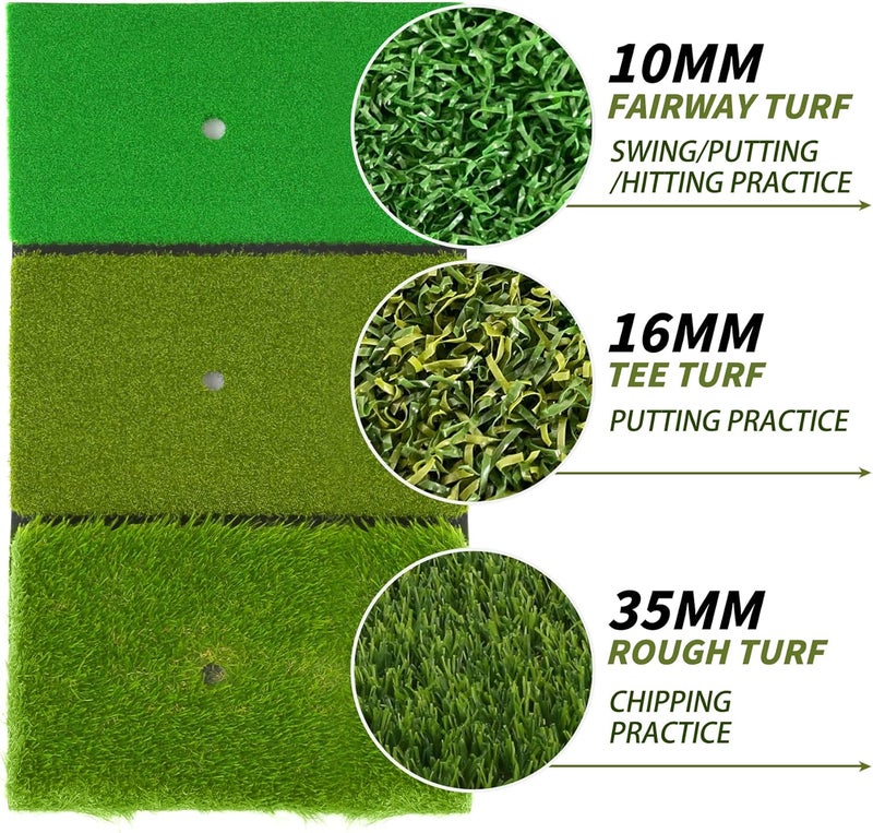jkwokback 3-in-1 Golf Hitting Mat | Turf Golf Practice Mat for Swing, Putting & Chipping | Portable Golf Mats Practice Indoor/Outdoor Golf Hitting Mat with 8 Tees Golf Training Mat - Image 3